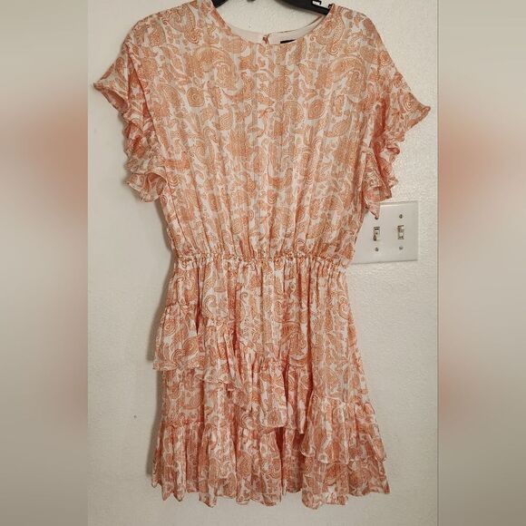 Aqua Paisley Patterned White and Orange Shimmering  Ruffled Dress Size Large - Picture 1 of 12